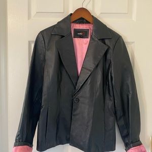 Black Leather Jacket w/ pink Satin Lining